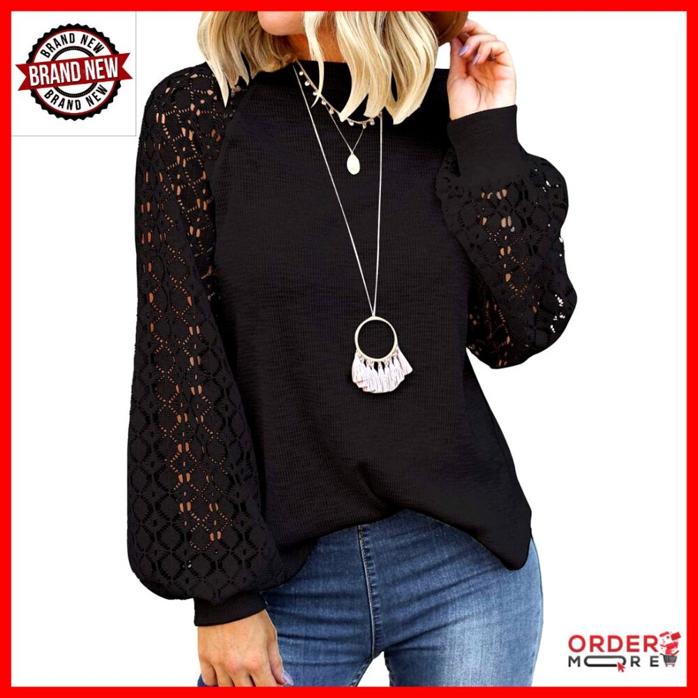 Lace Long Sleeve Blouse Balloon Sleeve Loose Fit Casual Top